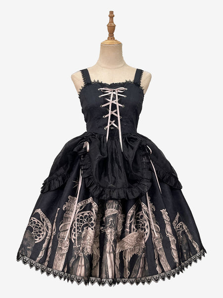 Gothic Lolita Dresses Lace Up Ruffles Floral Print Black Apricot Romance Gothic Lolita