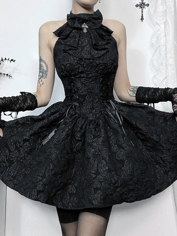 Gothic Lolita Dresses Lace Up Ruffles Jacquard Black Black