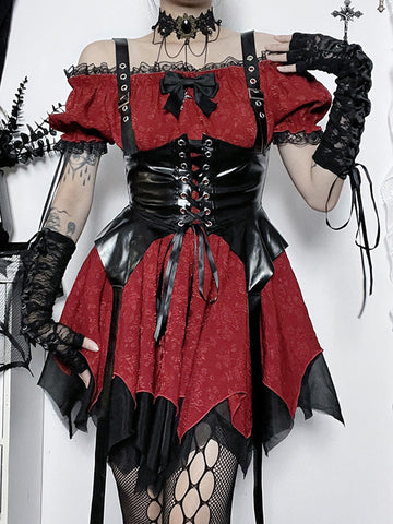 Gothic Lolita Dresses Lace Up Ruffles Jacquard Color Block Red Red