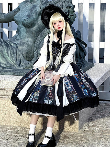 Gothic Lolita Dresses Lace Pearls Jacquard Black Black