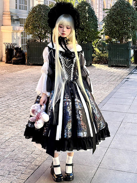 Gothic Lolita Dresses Lace Pearls Jacquard Black Black