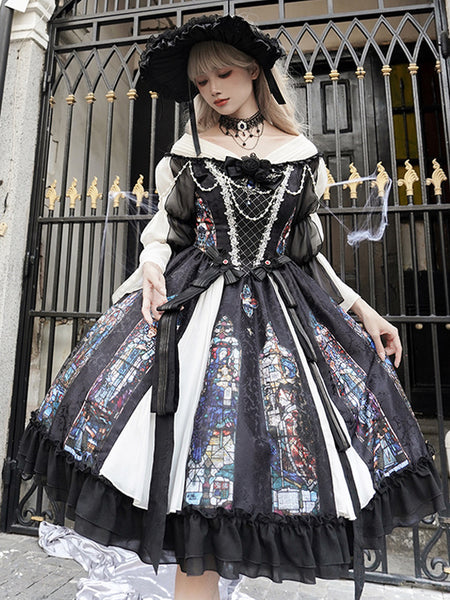 Gothic Lolita Dresses Lace Pearls Jacquard Black Black