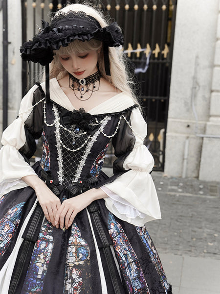 Gothic Lolita Dresses Lace Pearls Jacquard Black Black