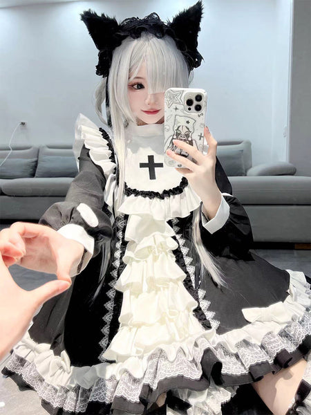 Gothic Lolita Dresses Lace Ruffles Cross Black Black