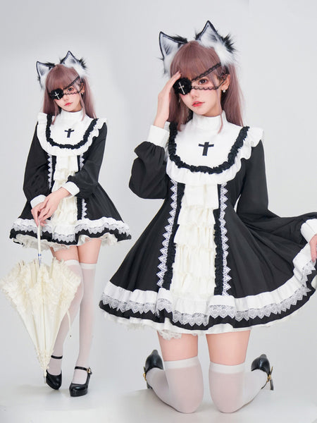 Gothic Lolita Dresses Lace Ruffles Cross Black Black