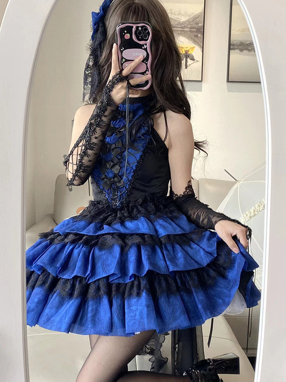 Gothic Lolita Dresses Lace Tiered Jacquard Blue Burgundy Romance Ballet Gothic Dress