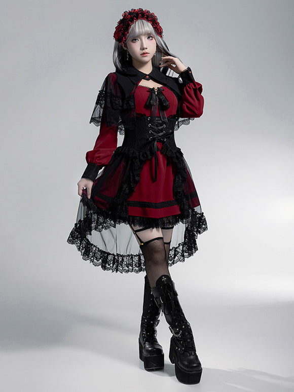 Gothic Lolita Dresses Layered Lace Bows Mini Cape Ruffled Skirt Gothic Dress