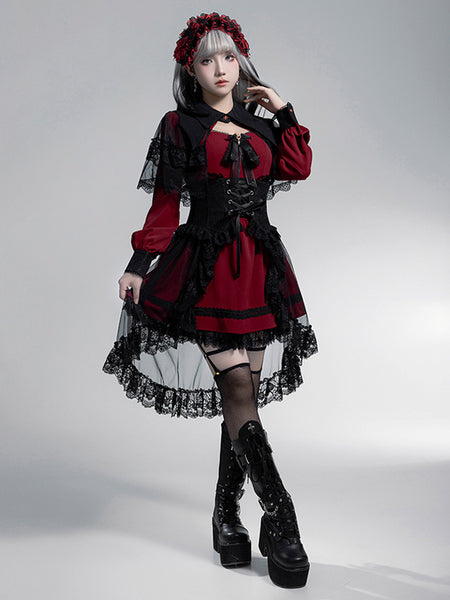 Gothic Lolita Dresses Layered Lace Bows Mini Cape Ruffled Skirt Gothic Dress