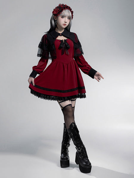 Gothic Lolita Dresses Layered Lace Bows Mini Cape Ruffled Skirt Gothic Dress