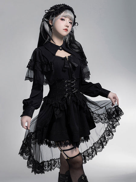 Gothic Lolita Dresses Layered Lace Bows Mini Cape Ruffled Skirt Gothic Dress