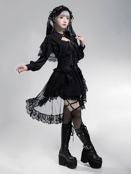 Gothic Lolita Dresses Layered Lace Bows Mini Cape Ruffled Skirt Gothic Dress