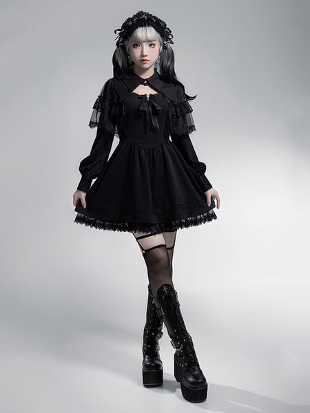 Gothic Lolita Dresses Layered Lace Bows Mini Cape Ruffled Skirt Gothic Dress