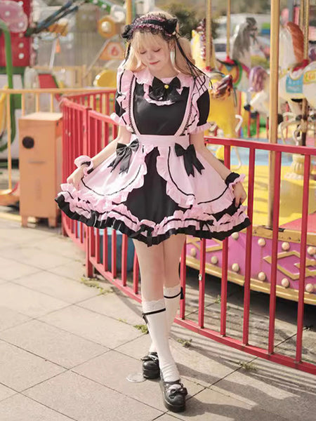 Gothic Lolita Dresses Ruffles Bows Color Block Black Black