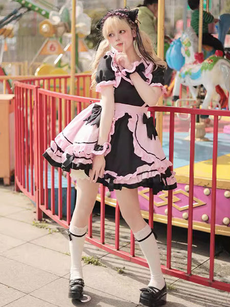 Gothic Lolita Dresses Ruffles Bows Color Block Black Black