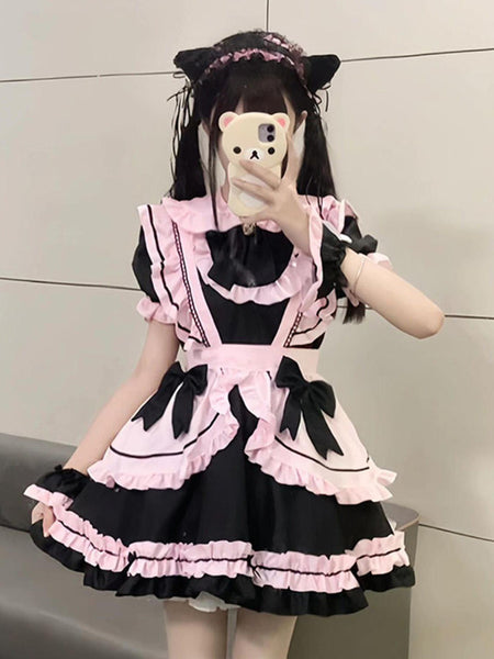 Gothic Lolita Dresses Ruffles Bows Color Block Black Black