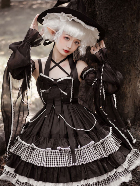 Gothic Lolita Dresses Ruffles Bows Plaid Black