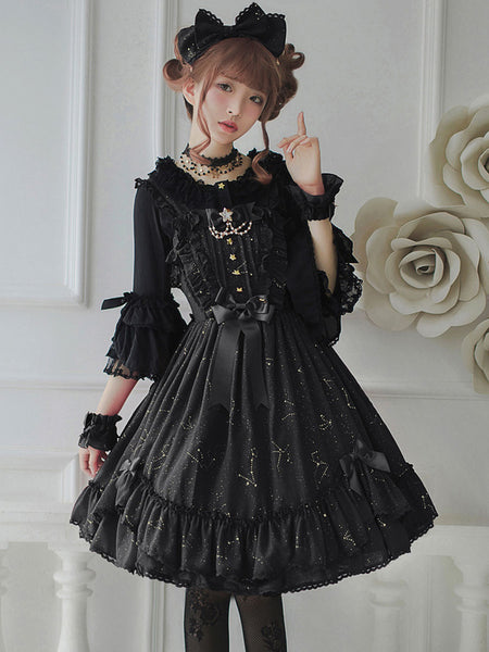 Gothic Lolita Dresses Ruffles Bows Stars Print Black Black