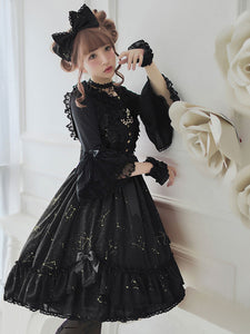 Gothic Lolita Dresses Ruffles Bows Stars Print Black Black