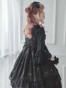 Gothic Lolita Dresses Ruffles Bows Stars Print Black Black