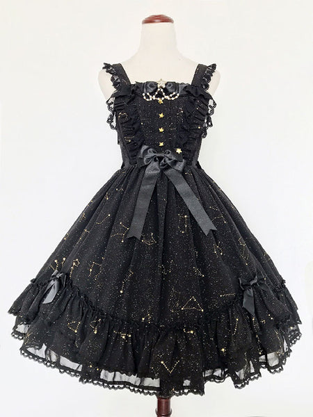 Gothic Lolita Dresses Ruffles Bows Stars Print Black Black