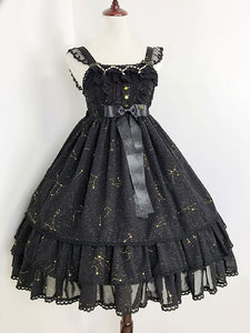 Gothic Lolita Dresses Ruffles Bows Stars Print Black Black