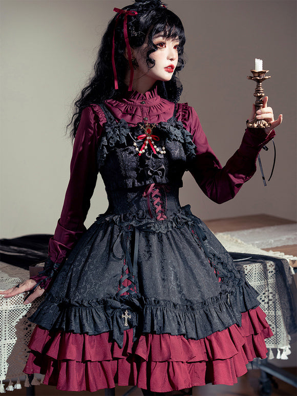 Gothic Lolita Dresses Ruffles Lace Jacquard Color Block Red Red