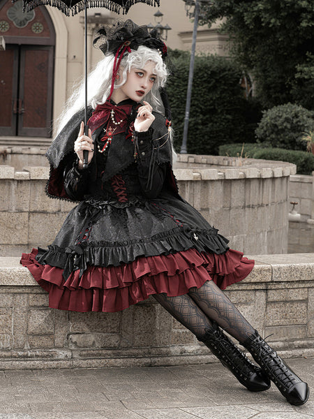 Gothic Lolita Dresses Ruffles Lace Jacquard Color Block Red Red