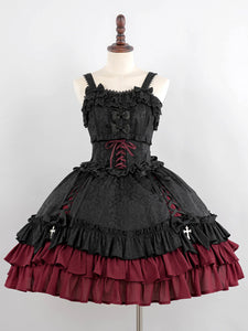 Gothic Lolita Dresses Ruffles Lace Jacquard Color Block Red Red