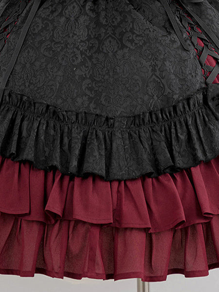 Gothic Lolita Dresses Ruffles Lace Jacquard Color Block Red Red