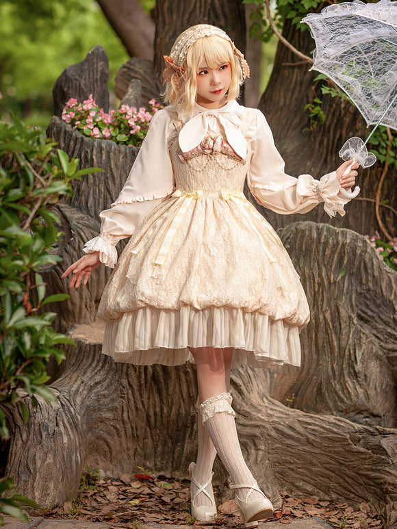 Gothic Lolita Dresses Ruffles Lace Light Apricot White Adjustable Elastic