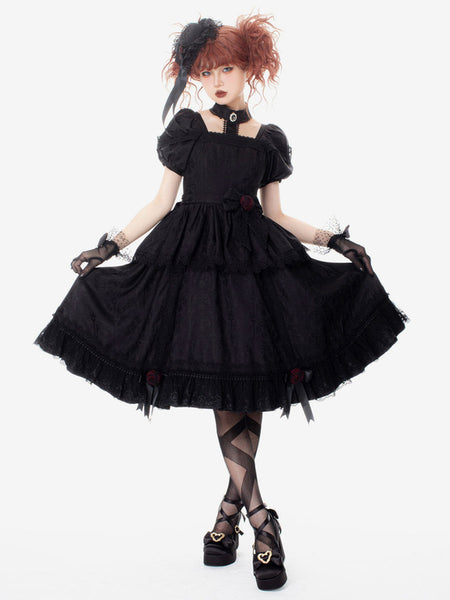 Gothic Lolita Dresses Ruffles Rose Black Black