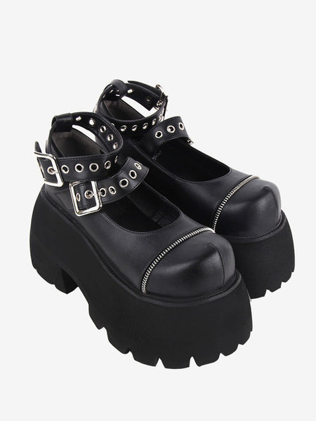 Gothic Lolita Footwear Black Metallic Grommets Round Toe PU Leather Lolita Shoes