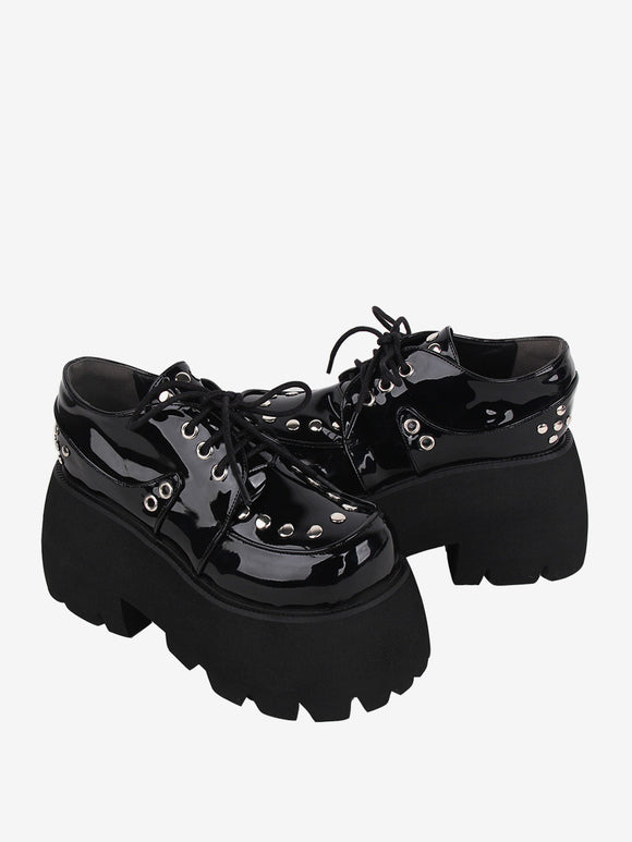 Gothic Lolita Footwear Black Metallic Rivets Round Toe PU Leather Lolita Shoes