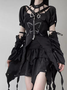 Gothic Lolita Outfits Black Butterfly Pattern Grommets Ruffles Short Sleeves Top Skirt