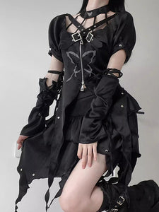 Gothic Lolita Outfits Black Butterfly Pattern Grommets Ruffles Short Sleeves Top Skirt