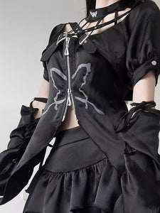 Gothic Lolita Outfits Black Butterfly Pattern Grommets Ruffles Short Sleeves Top Skirt