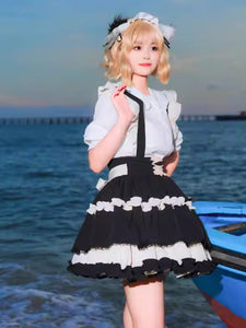 Gothic Lolita Outfits Black Lace Up Ruffles Short Sleeves Skirt Blouse