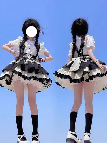 Gothic Lolita Outfits Black Lace Up Ruffles Short Sleeves Skirt Blouse