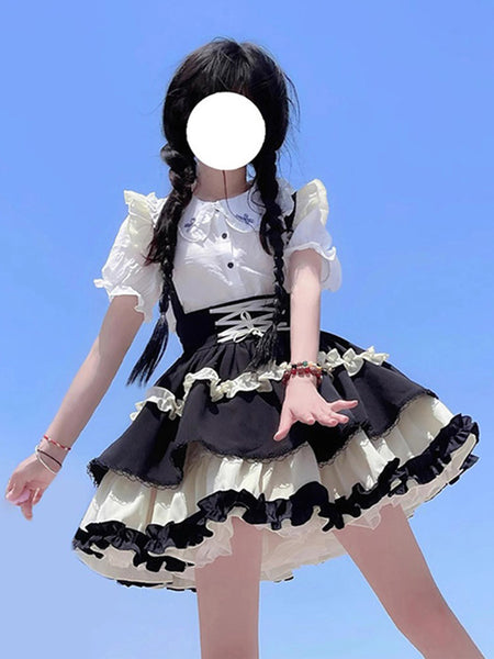 Gothic Lolita Outfits Black Lace Up Ruffles Short Sleeves Skirt Blouse