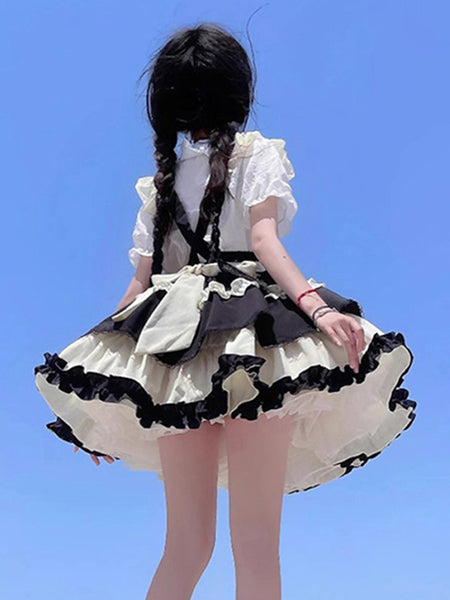 Gothic Lolita Outfits Black Lace Up Ruffles Short Sleeves Skirt Blouse