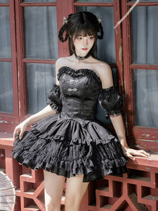 Gothic Lolita Outfits Black Ruffles Fringe Jacquard Sleeveless Top Skirt