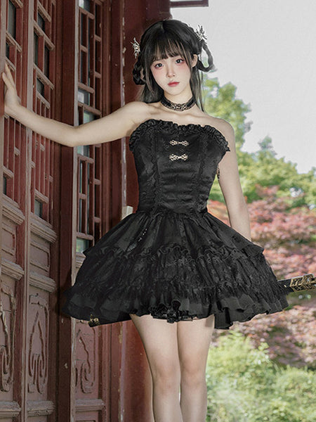 Gothic Lolita Outfits Black Ruffles Fringe Jacquard Sleeveless Top Skirt