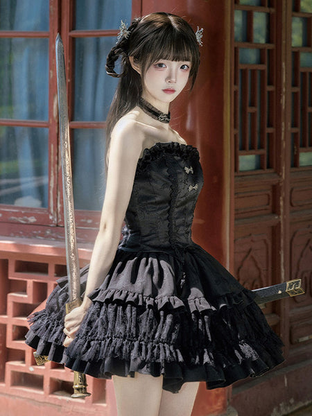 Gothic Lolita Outfits Black Ruffles Fringe Jacquard Sleeveless Top Skirt