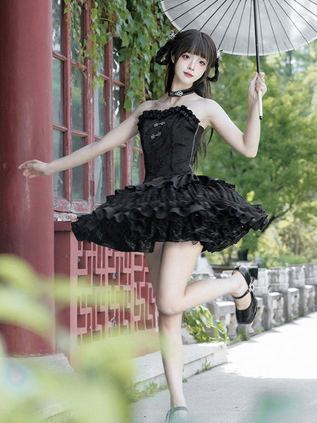 Gothic Lolita Outfits Black Ruffles Fringe Jacquard Sleeveless Top Skirt