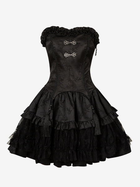 Gothic Lolita Outfits Black Ruffles Fringe Jacquard Sleeveless Top Skirt