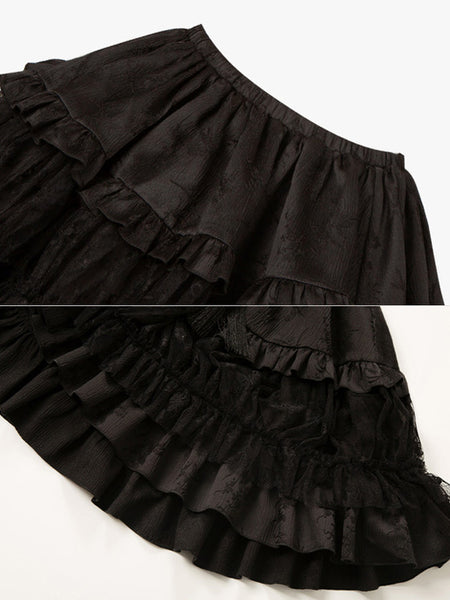 Gothic Lolita Outfits Black Ruffles Fringe Jacquard Sleeveless Top Skirt