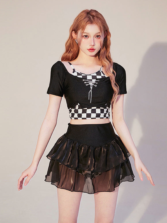 Gothic Lolita Outfits Black Tiered Chains Plaid Short Sleeves Skirt Top Pants