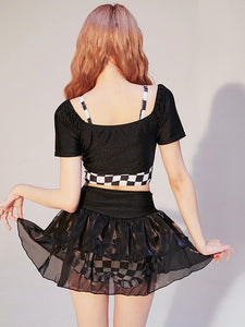 Gothic Lolita Outfits Black Tiered Chains Plaid Short Sleeves Skirt Top Pants