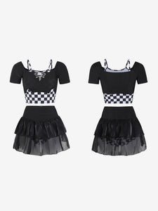 Gothic Lolita Outfits Black Tiered Chains Plaid Short Sleeves Skirt Top Pants