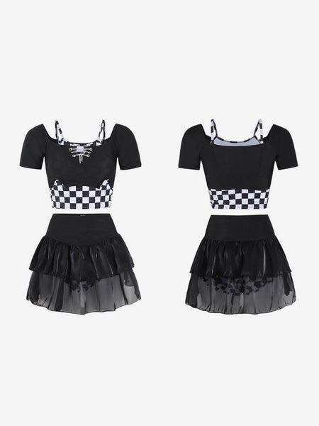 Gothic Lolita Outfits Black Tiered Chains Plaid Short Sleeves Skirt Top Pants